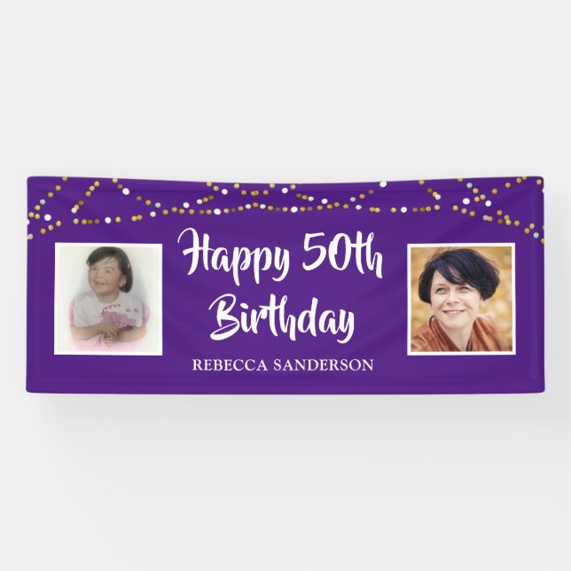 50. Geburtstag Dann & Jetzt Fotos Lichter Lila Banner (Horizontal)