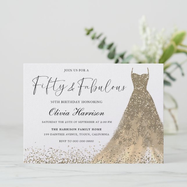 50. Geburtstag des herrlichen Goldenen Gown 50. Einladung (Stehend Vorderseite)