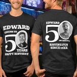 50. Geburtstag doppelseitiger Foto Name weiß Tri-Blend Shirt<br><div class="desc">Herzlichen Glückwunsch zum 50. Geburtstag, weißer Text, Name und zwei Fotos T - Shirt. Fun doppelseitiger 50. personalisierter Foto T - Shirt in fett weißem Text Design. Personalisieren Sie dieses Shirt mit einem Foto des Geburtstags in der Mitte der Zahl 0 auf der Vorderseite und auf der Rückseite. Eine tolle...</div>