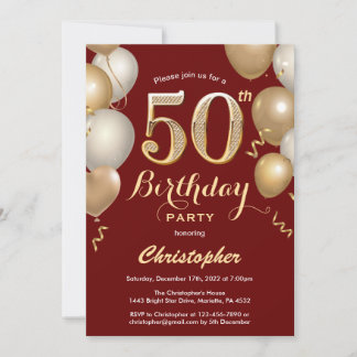 50. Geburtstag Dunkelrot und Gold Balloons Confett Einladung
