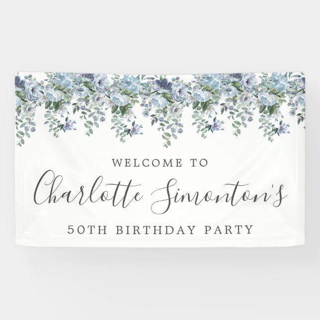 50. Geburtstag Dusty Blue Floral Willkommen Banner (Horizontal)