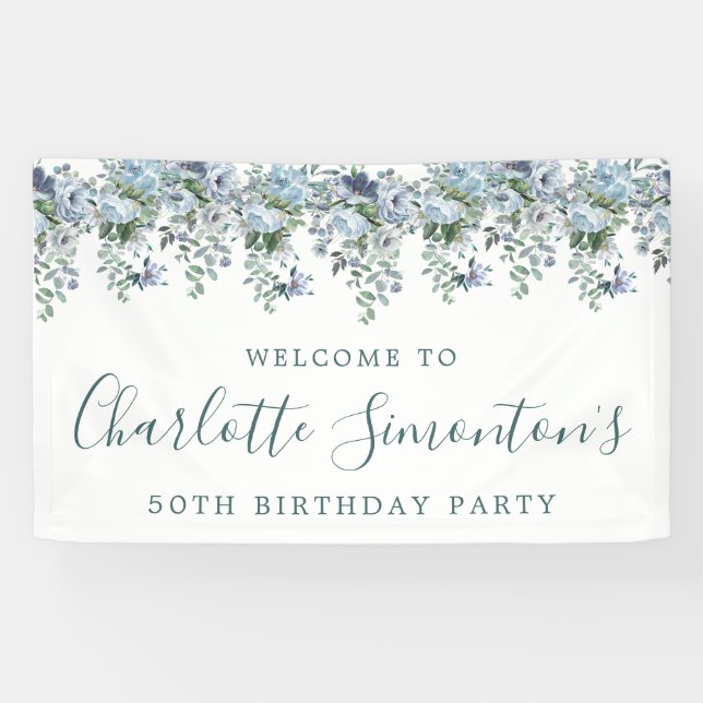 50. Geburtstag Dusty Blue Floral Willkommen Banner (Horizontal)