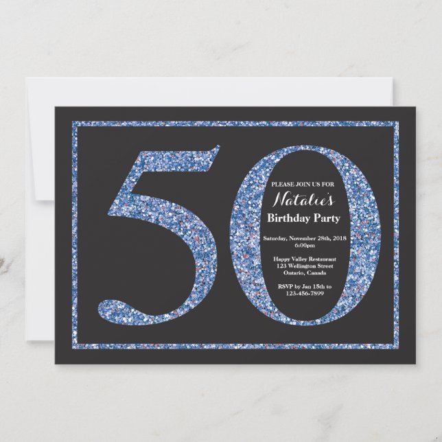 50. Geburtstag Einladung Blue Glitzer Chalkboard (Vorderseite)