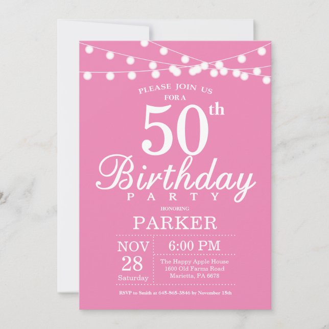 50. Geburtstag Einladung Pink (Vorderseite)
