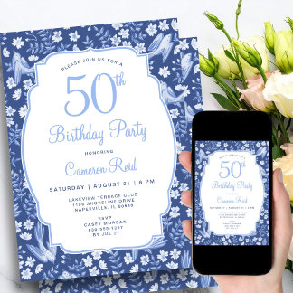 50. Geburtstag Elegant Blau Blumen Weiblich Vogel Einladung
