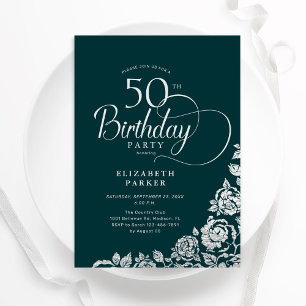 50. Geburtstag Elegant Emerald Green Silver Rose Einladung