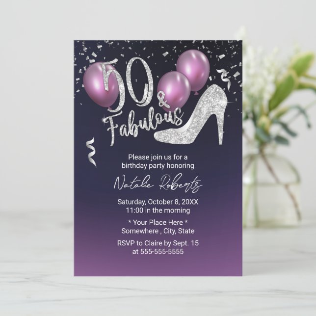 50. Geburtstag Elegant Lila Fabulous 50 Einladung (Stehend Vorderseite)