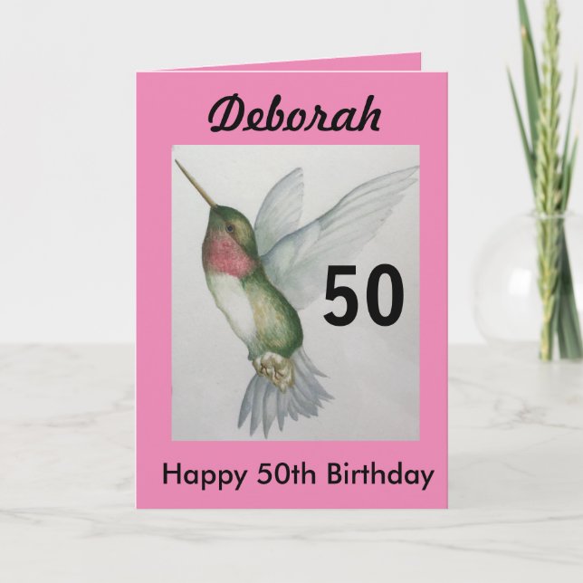 50. Geburtstag Elegant Pink Hummingbird Wasserfarb Karte (Vorderseite)