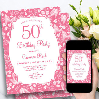 50. Geburtstag Elegant Rosa Floral Weiblich Vogel Einladung