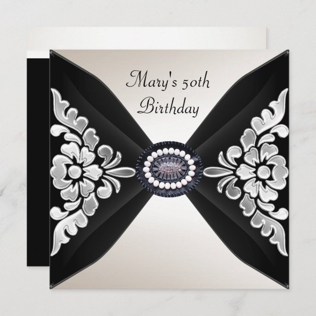 50. Geburtstag Elegant Schwarz-weiß Jewel 2 Einladung (Vorne/Hinten)