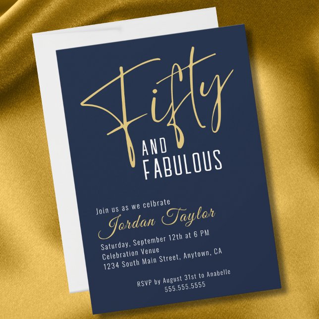 50. Geburtstag Elegant Script Navy und Gold Einladung (Von Creator hochgeladen)