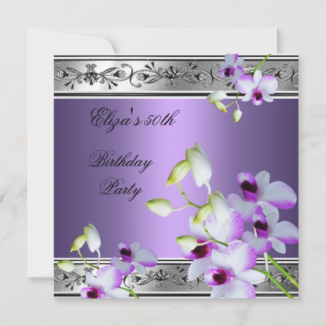 50. Geburtstag Elegant Silver Gray Lilac Floral (Vorderseite)