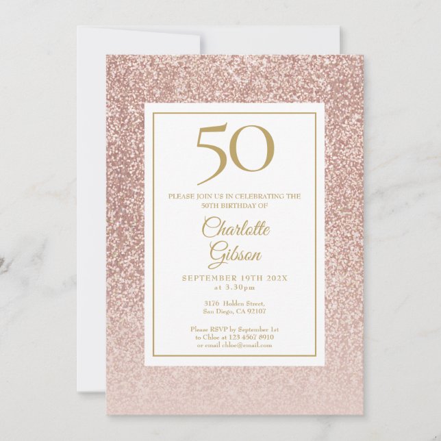 50. Geburtstag Elegante Rose Gold Glitzer Einladung (Vorderseite)