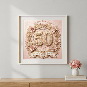 50. Geburtstag Eleganter Floraler Papercut-Stil Poster