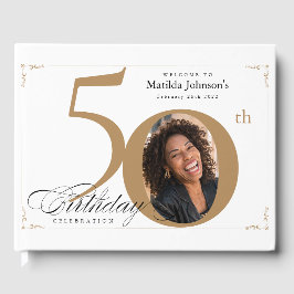 50. Geburtstag Elegantes Gold Weißes Foto Gästebuch