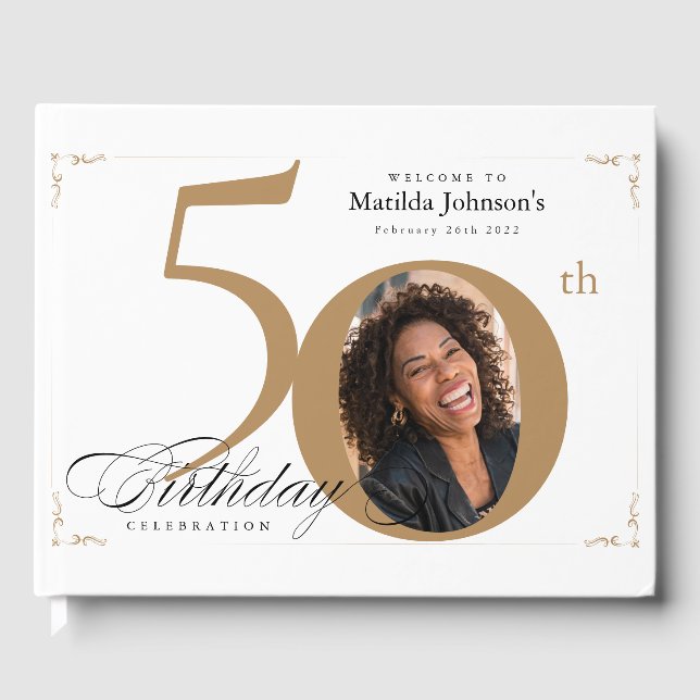 50. Geburtstag Elegantes Gold Weißes Foto Gästebuch (Vorderseite)