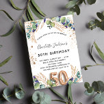 50. Geburtstag Eukalyptusgrün Glitzer elegant Einladungspostkarte<br><div class="desc">Für eine 50. Geburtstagsparty. Weiß, mit Eukalyptusgrün und goldenen Blätter dekoriert. Golden Imitats Glitzer Spots. Personalisieren und fügen Sie Ihre Namen und Hochzeitsdetails. Schwarze und goldfarbene Buchstaben. Nummer 50 ist mit Schriftart im Ballonstil geschrieben. Zurück: weißer Hintergrund und goldene Imitate Glitzer Flecken, Postkartendesign. Tipp: Wenn Sie es nicht so gewollt...</div>