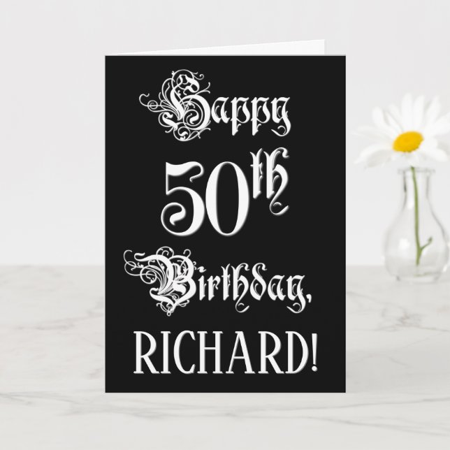 50. Geburtstag: Extravagant, Elegantes Script + In Karte (Kleine Pflanze)