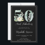 50. Geburtstag Fabulous Einladung<br><div class="desc">Eine elegante 50 und fabelhafte Geburtstagsfeier mit Aquarellblumen und hübschem Schrifttyp. Schwarz weiß,  mit weißem Rand</div>