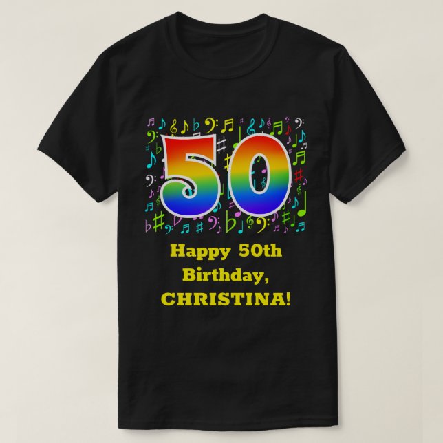 50. Geburtstag: Farbige Musiksymbole, Regenbogen 5 T-Shirt (Design vorne)