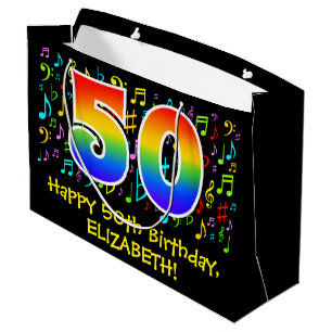 50. Geburtstag - Farbige Musiksymbole, Regenbogen  Große Geschenktüte