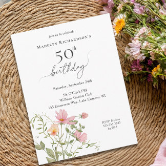 50. Geburtstag Feminine Aquarell Wildblume Einladungspostkarte
