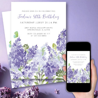 50. Geburtstag Florale Aquarell Elegante Flieder Einladung