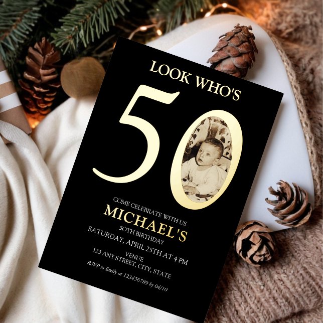 50. Geburtstag Foto Gold Folieneinladung (Look who's 50 - 50th birthday party invitation with old baby photo and real gold foil)