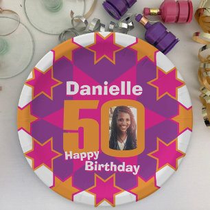 50. Geburtstag Foto Name rosa Sternenschild Pappteller
