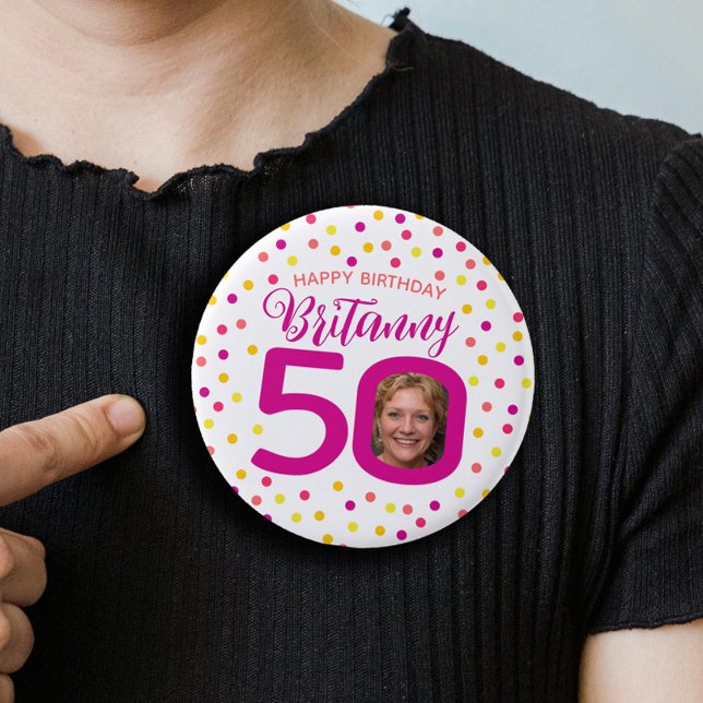 50. Geburtstag Foto rosa goldgelbe Konfetti Button (Von Creator hochgeladen)