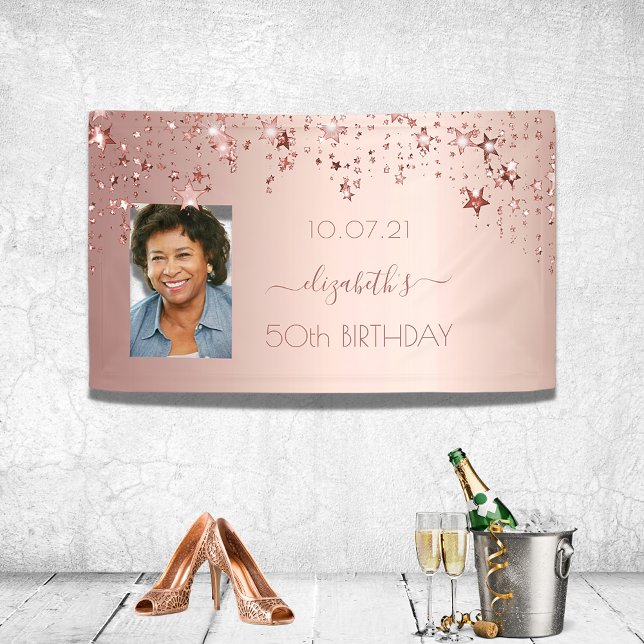 50. Geburtstag Foto Rose Gold Rosa Glitterstars Banner (Von Creator hochgeladen)