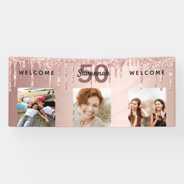 50. Geburtstag Foto Rose Gold Tropfen Banner (Horizontal)