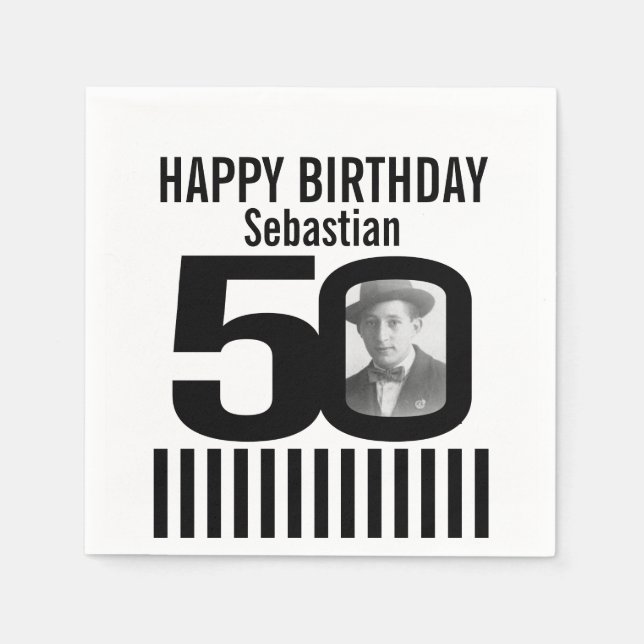 50. Geburtstag Foto schwarz Streifen Foto Serviett Serviette (Vorderseite)