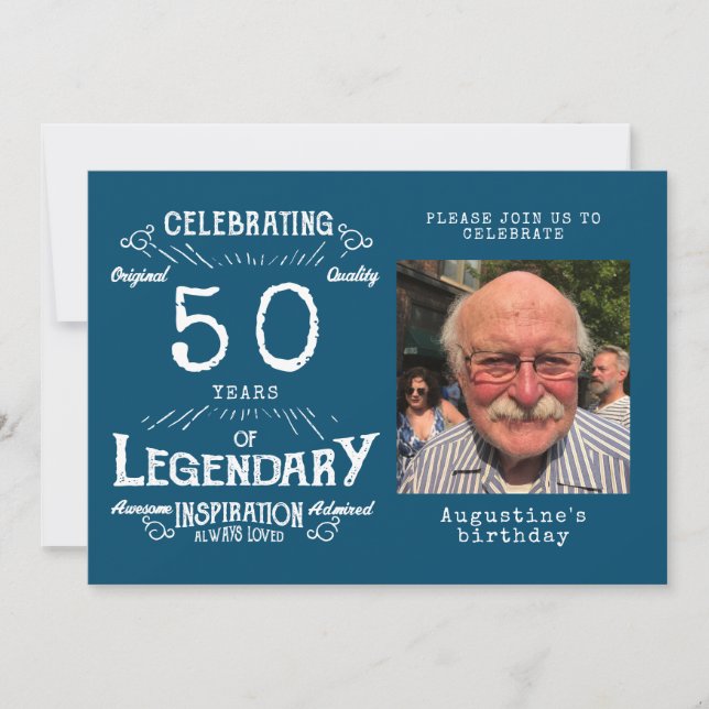 50. Geburtstag Foto Template Legend Blau Vintag Einladung (Vorderseite)