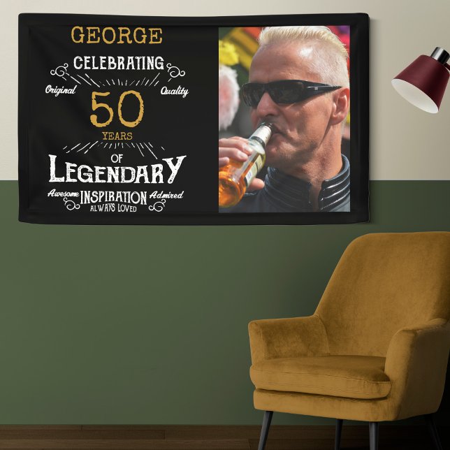50. Geburtstag Foto Vorlage Legendary Banner (Custom 50th birthday wall banner hanging on a two tone green wall.)