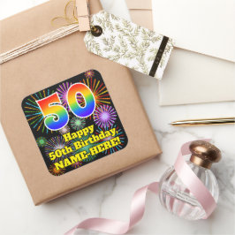 50. Geburtstag: Fun Fireworks Look, Rainbow # 50 Quadratischer Aufkleber