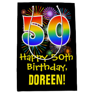 50. Geburtstag: Fun Fireworks Muster + Regenbogen  Mittlere Geschenktüte