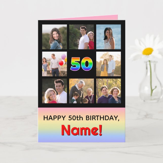 50. Geburtstag: Fun Rainbow #, Custom Fotos + Name Karte (Kleine Pflanze)