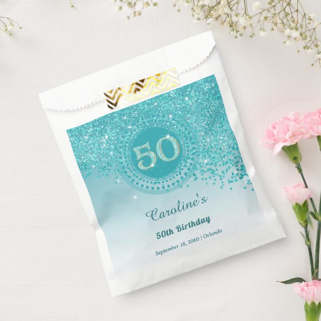 50. Geburtstag | Funkelndes Türkisblau Gold Glitte Geschenktütchen (Versiegelt)