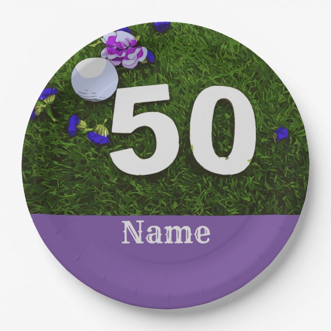50. Geburtstag für Golfer mit Golfball und Blume Pappteller (Vorderseite)