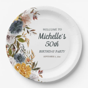 50. Geburtstag Gelb Navy Blau Floral Willkommen   Pappteller