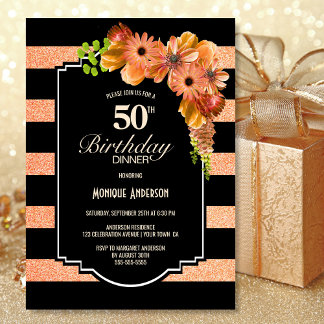 50. Geburtstag gestreift Coral Floral Abendessen P Einladung