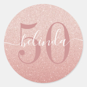 50. Geburtstag Girly Rose Gold Blush Pink Monogram Runder Aufkleber