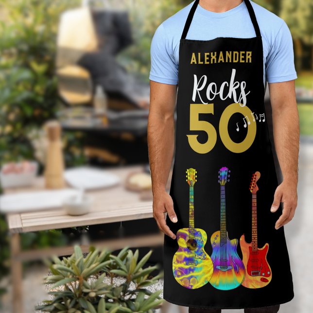50. Geburtstag Gitarren Rocks 50 Name Schürze (Personalized 50th birthday vibrant colorful guitar pattern monogram name apron personalized for him)