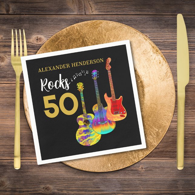 50. Geburtstag Gitarren Rocks 50 Name Serviette (Rock and roll 50th birthday party napkins personalized rocks 50 for him funky guitar gold typography)