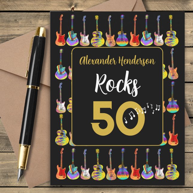 50. Geburtstag Gitarrenrocks 50 Personalisiert (Rock and roll guitar black and gold personalized 50th birthday greetings card)