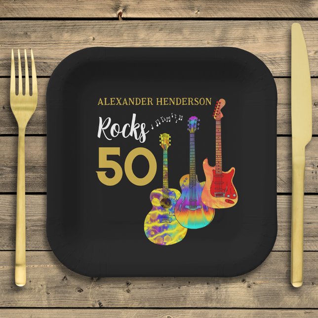 50. Geburtstag Gitarrenrocks 50 Personalisiert Pappteller (Rock and roll 50th birthday party square paper plate personalized for him funky guitars gold & Black)