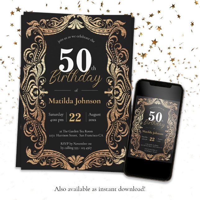 50. Geburtstag Gold Black Boho Glamour Vintag Einladung (50th Birthday Gold Black Boho Glamorous Vintage Invitation
)