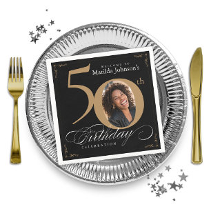 50. Geburtstag Gold Black Calligraphy Custom Foto Serviette