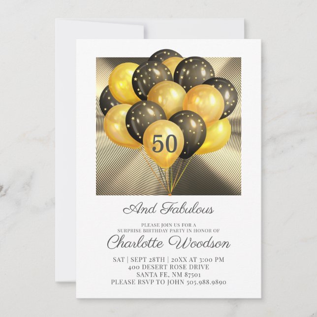 50. Geburtstag Gold Black Glitzer Metallic Einladung (Vorderseite)